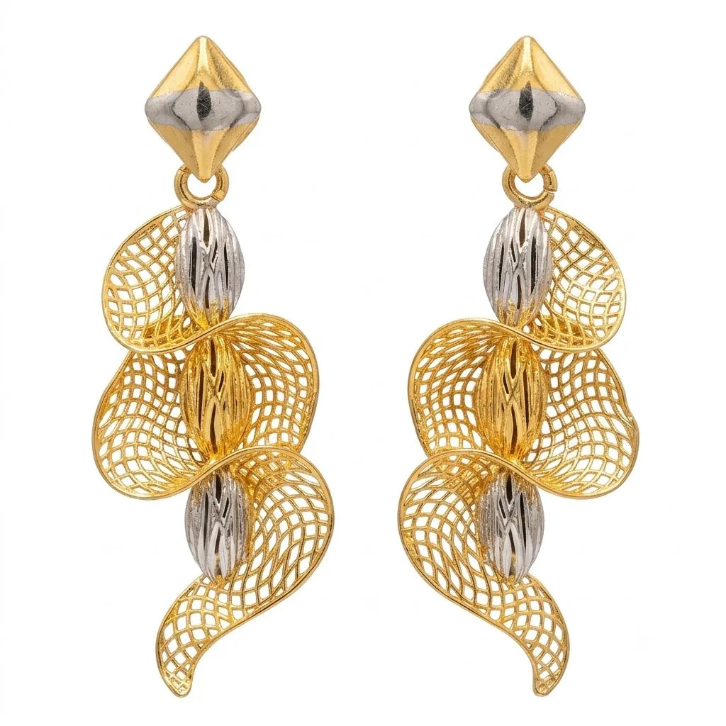 9K gold two tone leaf dangler earrings for girls with openwork mesh design and silver-tone textured accents by Marvel Silver.