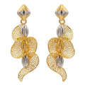9K gold two tone leaf dangler earrings for girls with openwork mesh design and silver-tone textured accents by Marvel Silver.