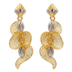 9K gold two tone leaf dangler earrings for girls with openwork mesh design and silver-tone textured accents by Marvel Silver.