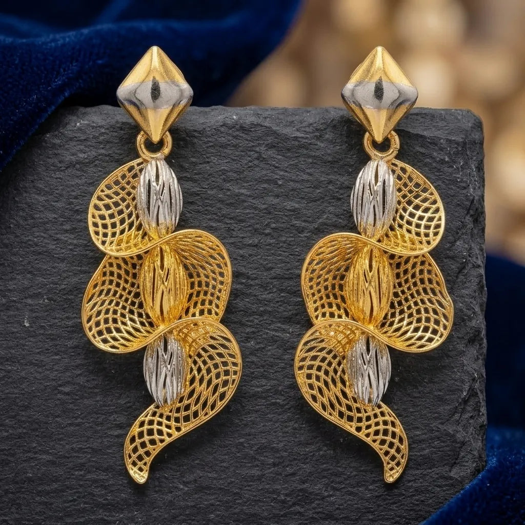 9K gold two tone leaf dangler earrings for girls with openwork mesh design and silver-tone textured accents by Marvel Silver.