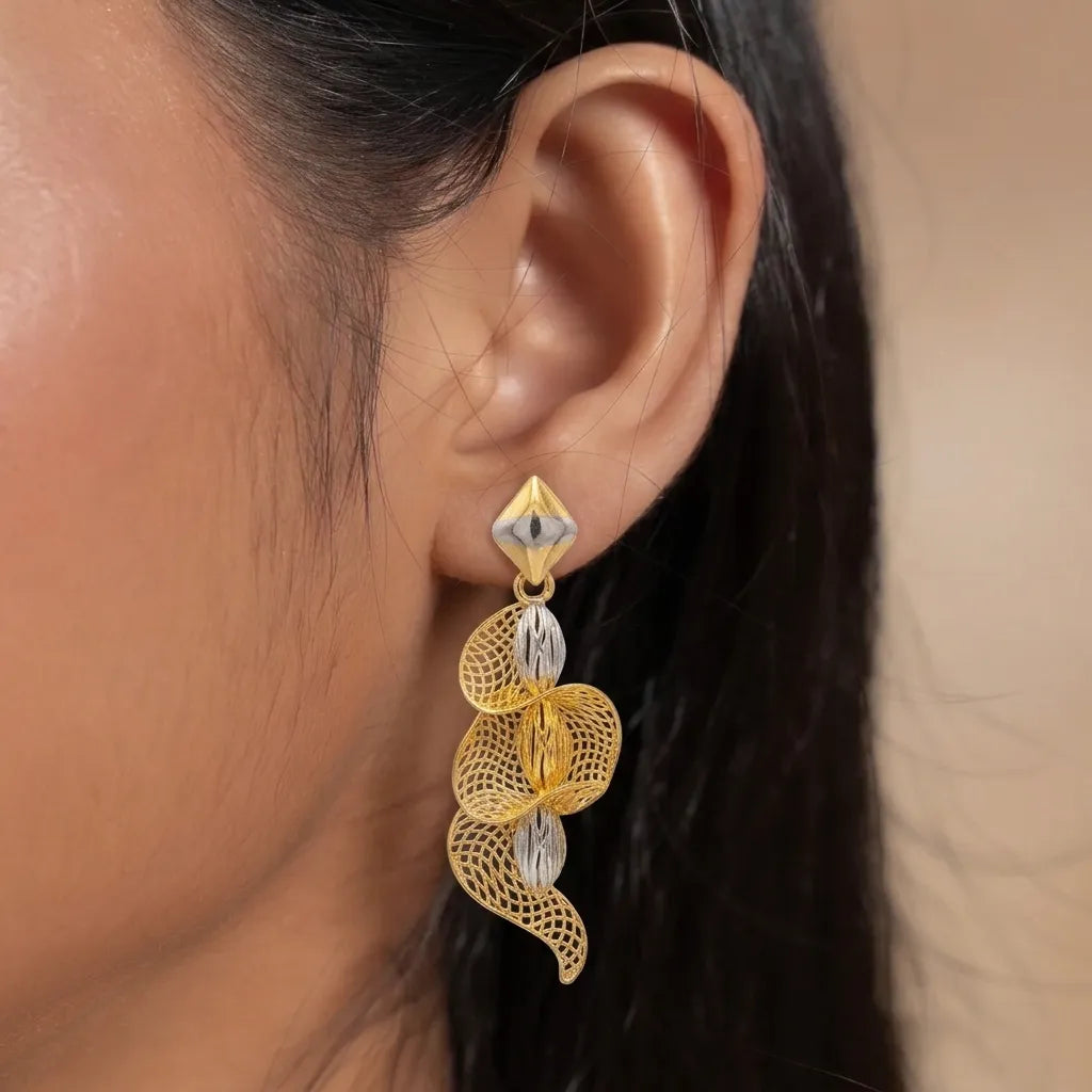 9K gold two tone leaf dangler earrings for girls with openwork mesh design and silver-tone textured accents by Marvel Silver.
