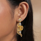 9K gold two tone leaf dangler earrings for girls with openwork mesh design and silver-tone textured accents by Marvel Silver.