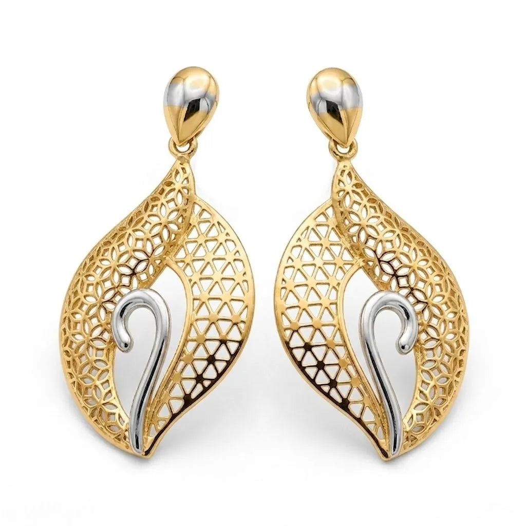 9K gold two tone leaf drop earrings for girls with openwork lattice design and silver-tone swirl detail by Marvel Silver.