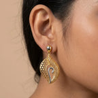 9K gold two tone leaf drop earrings for girls with openwork lattice design and silver-tone swirl detail by Marvel Silver.