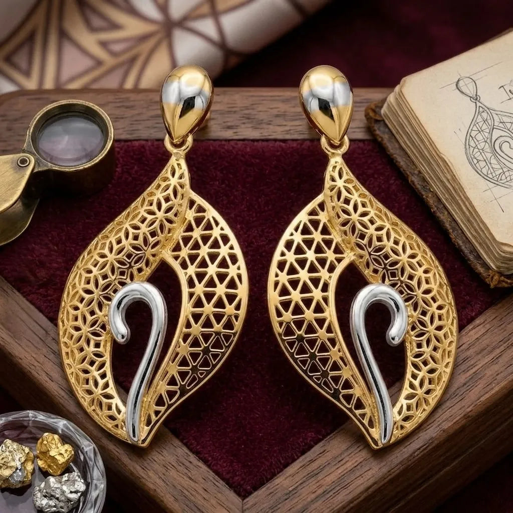 9K gold two tone leaf drop earrings for girls with openwork lattice design and silver-tone swirl detail by Marvel Silver.