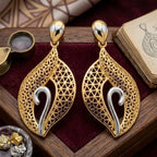 9K gold two tone leaf drop earrings for girls with openwork lattice design and silver-tone swirl detail by Marvel Silver.