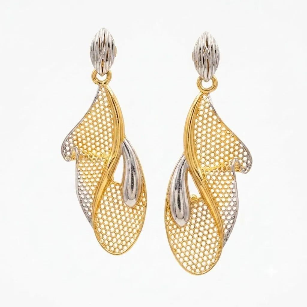 9K gold two tone mesh drop earrings for girls with openwork design and silver-tone textured accents by Marvel Silver.