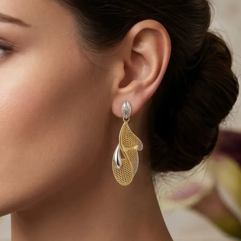 9K gold two tone mesh drop earrings for girls with openwork design and silver-tone textured accents by Marvel Silver.
