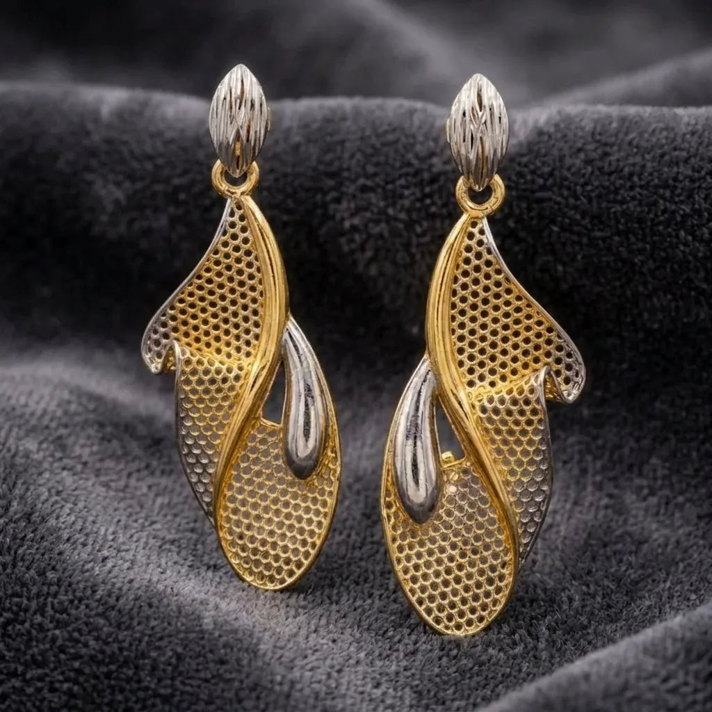 9K gold two tone mesh drop earrings for girls with openwork design and silver-tone textured accents by Marvel Silver.