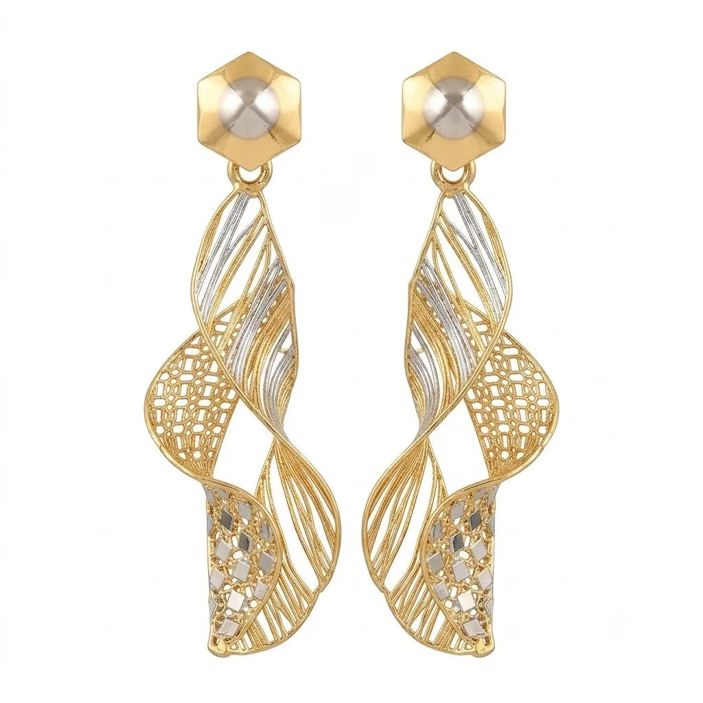 9K gold two tone spiral dangler earrings for girls with long openwork design and silver-tone highlights by Marvel Silver.