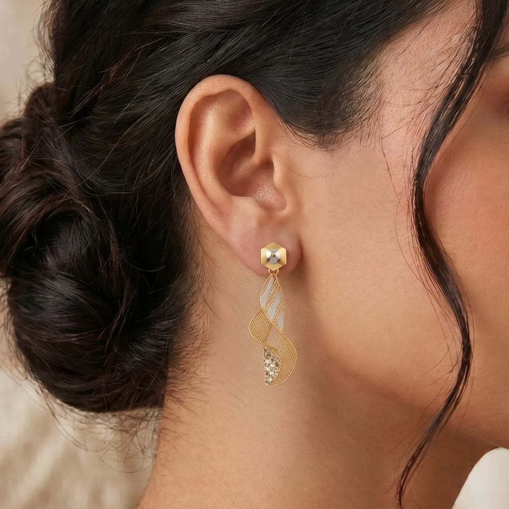9K gold two tone spiral dangler earrings for girls with long openwork design and silver-tone highlights by Marvel Silver.