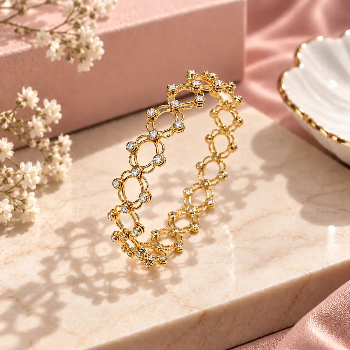 Floral Stone Adjustable Silver Ring Kada for Women