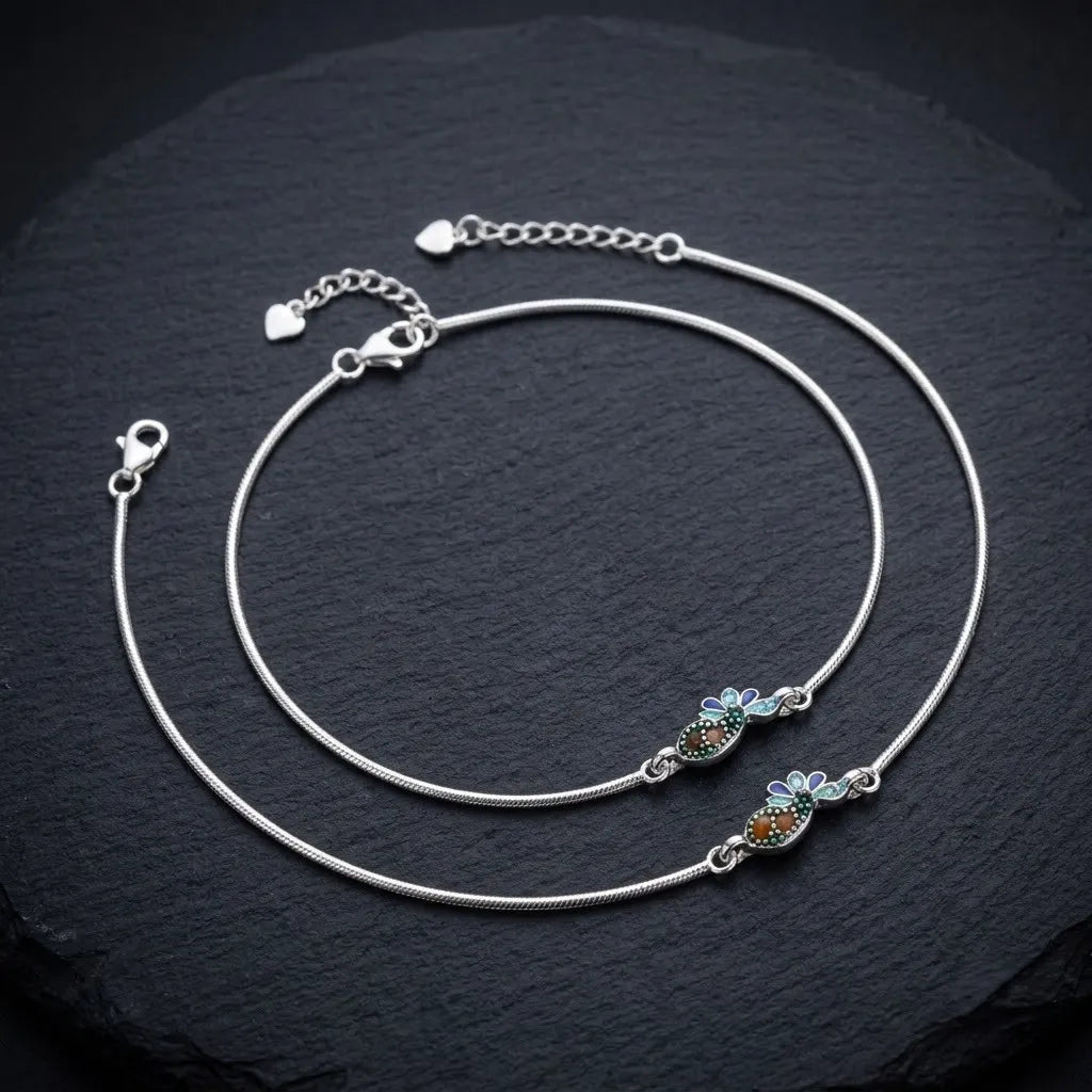 Marvel Silver adjustable silver anklet for women with colorful peacock design and extension chain