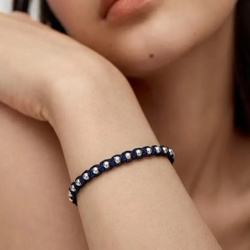 Marvel Silver 925 sterling silver beaded adjustable macrame bracelet with navy blue thread and polished silver beads for men and women.