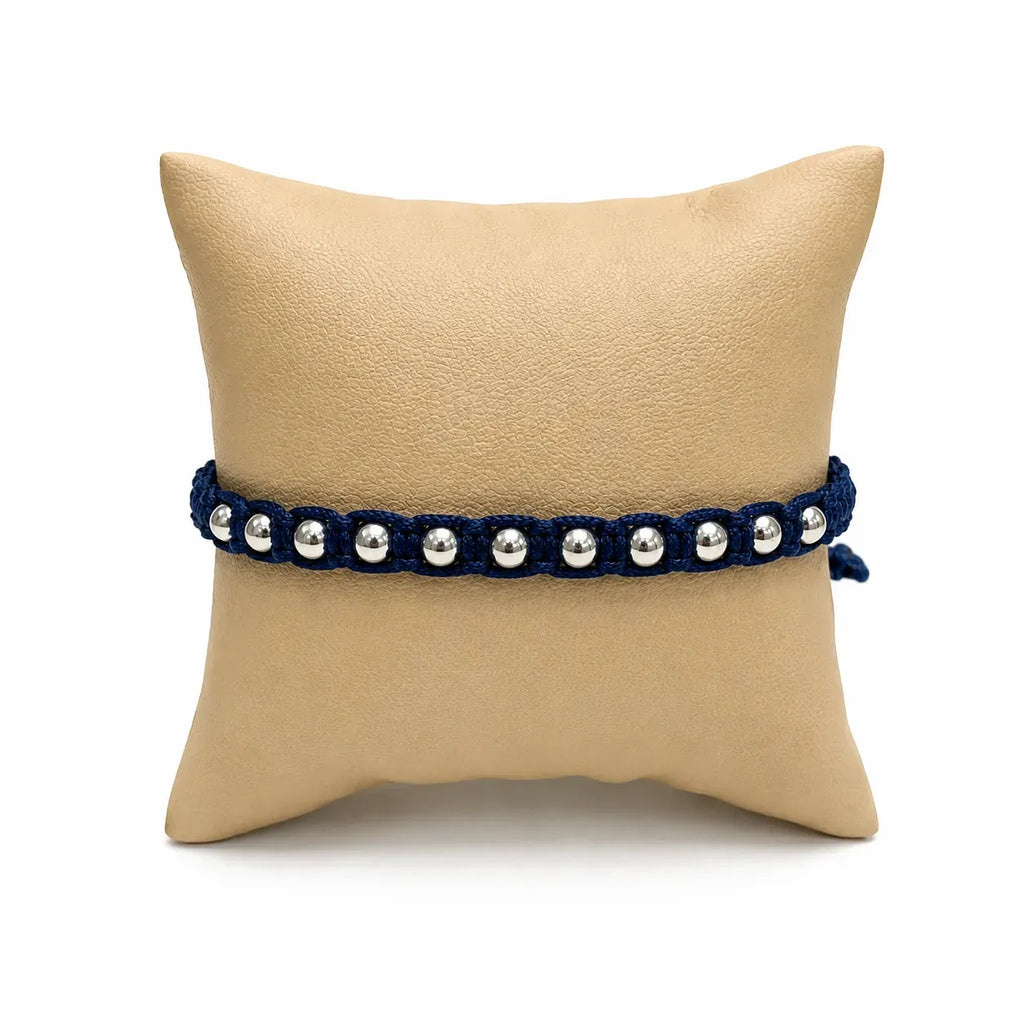 Marvel Silver 925 sterling silver beaded adjustable macrame bracelet with navy blue thread and polished silver beads for men and women.