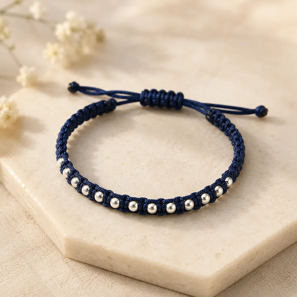 Marvel Silver 925 sterling silver beaded adjustable macrame bracelet with navy blue thread and polished silver beads for men and women.