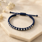 Marvel Silver 925 sterling silver beaded adjustable macrame bracelet with navy blue thread and polished silver beads for men and women.