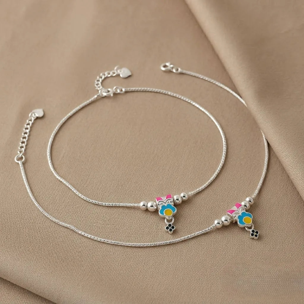 Marvel Silver adjustable silver anklet for women with colorful hanging charm and silver bead detailing
