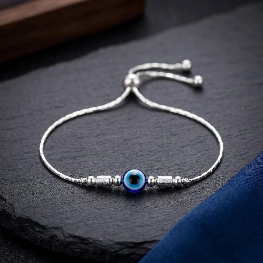 Marvel Silver adjustable silver bracelet for women with blue evil eye centerpiece and slider closure