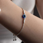 Marvel Silver adjustable silver bracelet for women with blue evil eye centerpiece and slider closure
