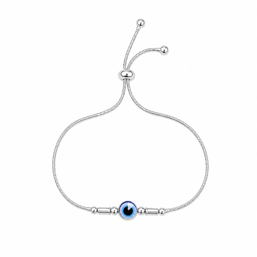 Marvel Silver adjustable silver bracelet for women with blue evil eye centerpiece and slider closure