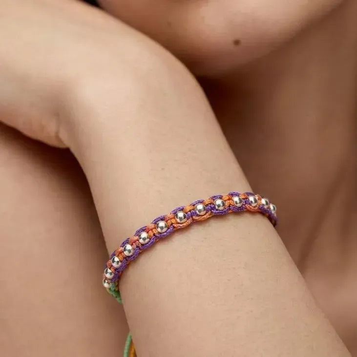 Marvel Silver 925 sterling silver beaded adjustable macrame bracelet with multicolor thread and polished silver beads for men and women.