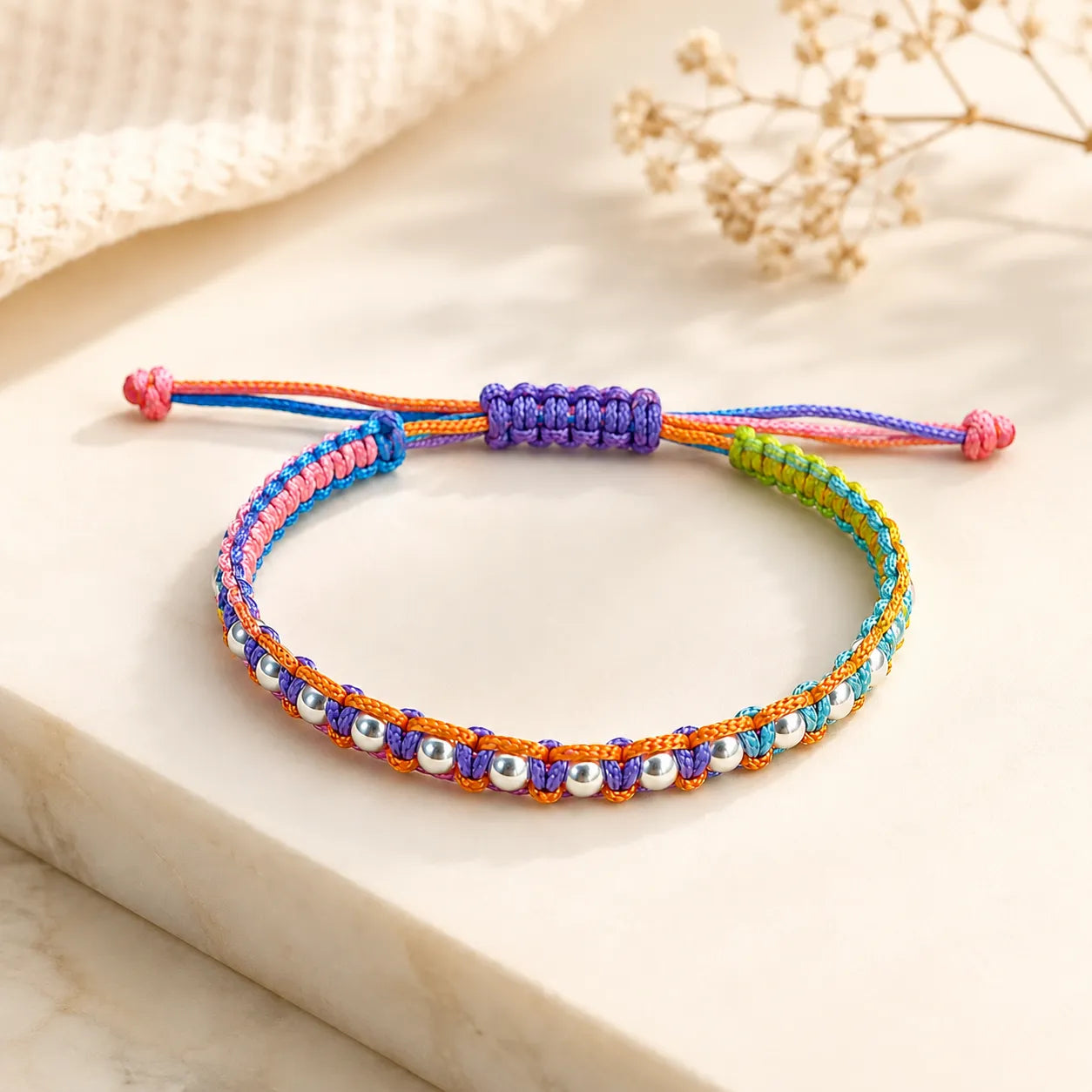 Marvel Silver 925 sterling silver beaded adjustable macrame bracelet with multicolor thread and polished silver beads for men and women.