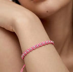 Marvel Silver 925 sterling silver beaded adjustable macrame bracelet with pink thread and polished silver beads for men and women.