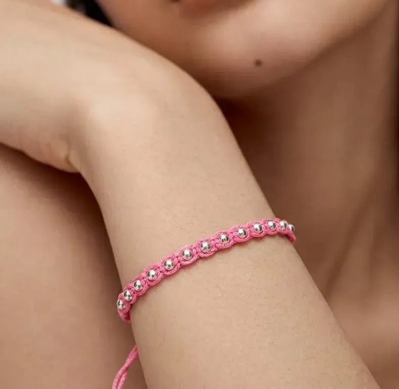 Marvel Silver 925 sterling silver beaded adjustable macrame bracelet with pink thread and polished silver beads for men and women.