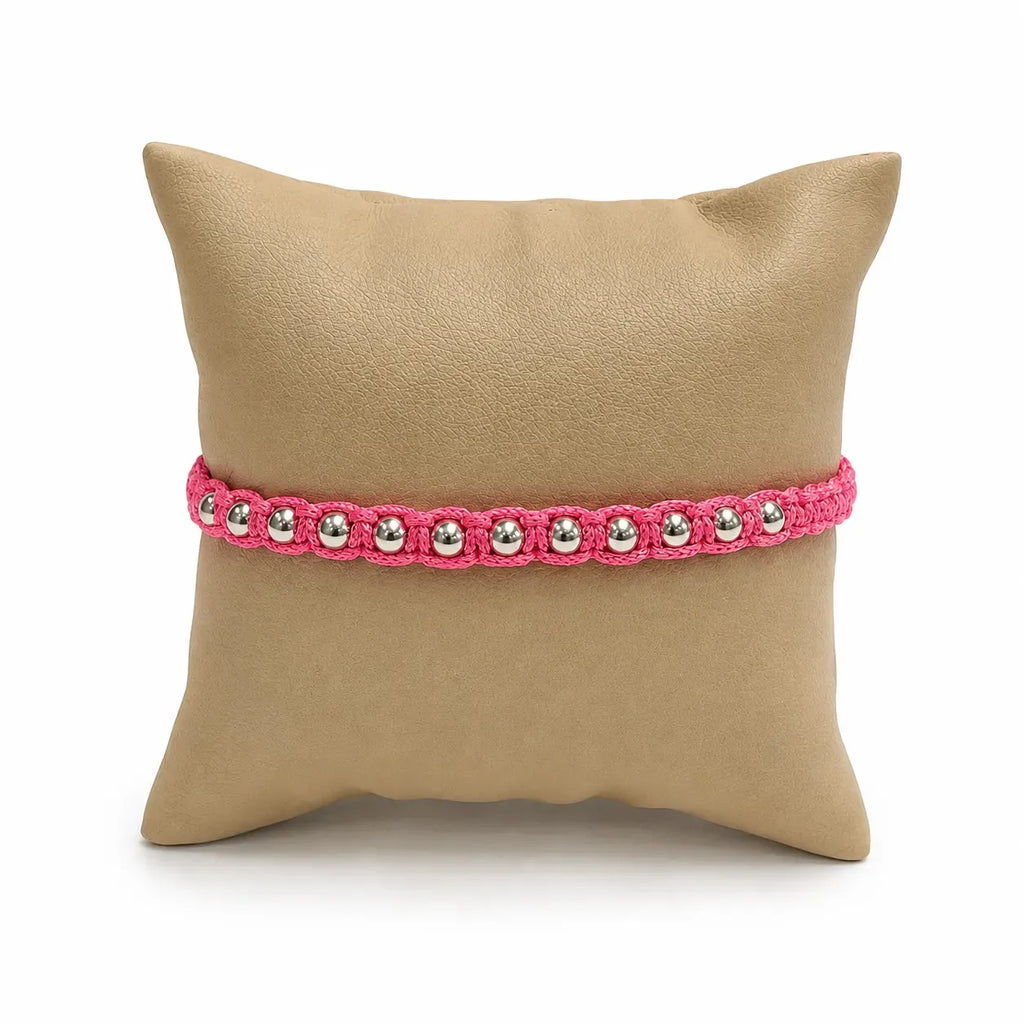 Marvel Silver 925 sterling silver beaded adjustable macrame bracelet with pink thread and polished silver beads for men and women.