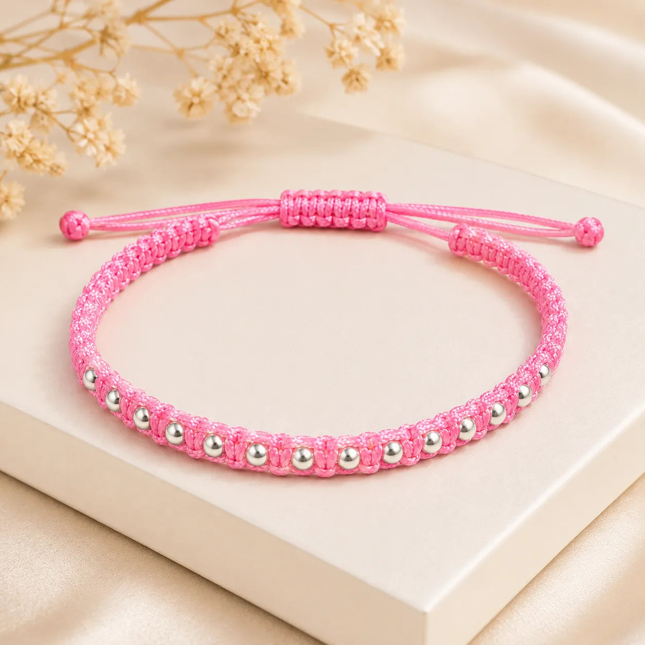 Marvel Silver 925 sterling silver beaded adjustable macrame bracelet with pink thread and polished silver beads for men and women.