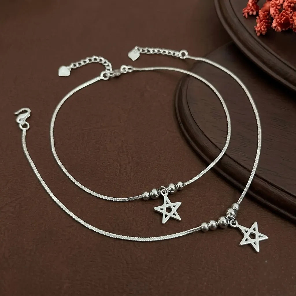 Marvel Silver adjustable silver anklet for women with hanging star charm and polished bead detailing