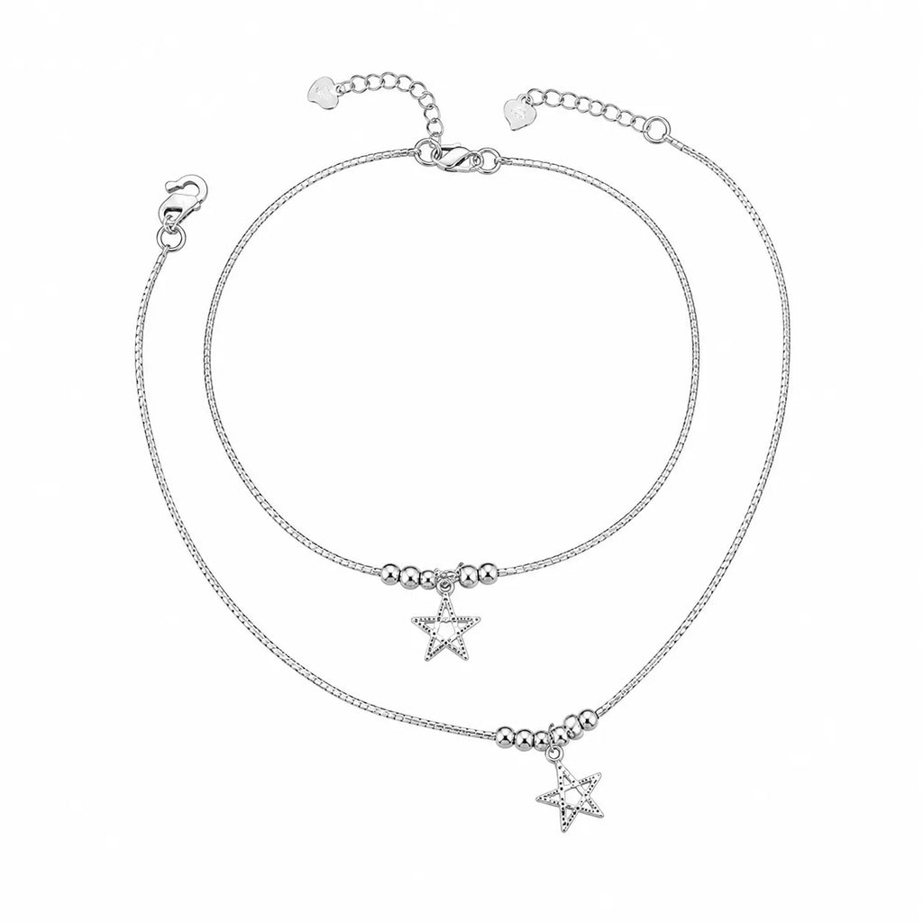 Marvel Silver adjustable silver anklet for women with hanging star charm and polished bead detailing