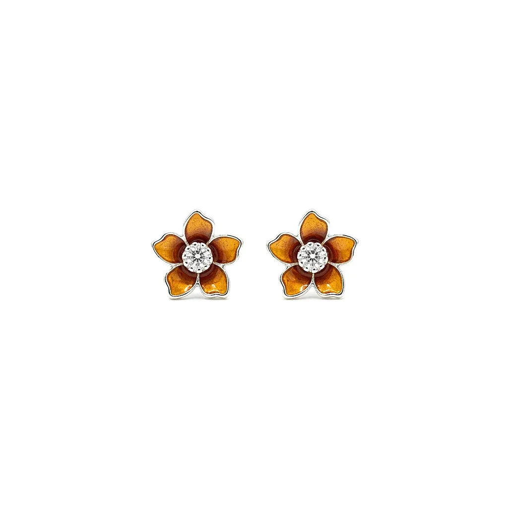 Marvel Silver amber floral crystal stud earrings featuring glossy enamel flower petals with a sparkling crystal centre for women and girls.