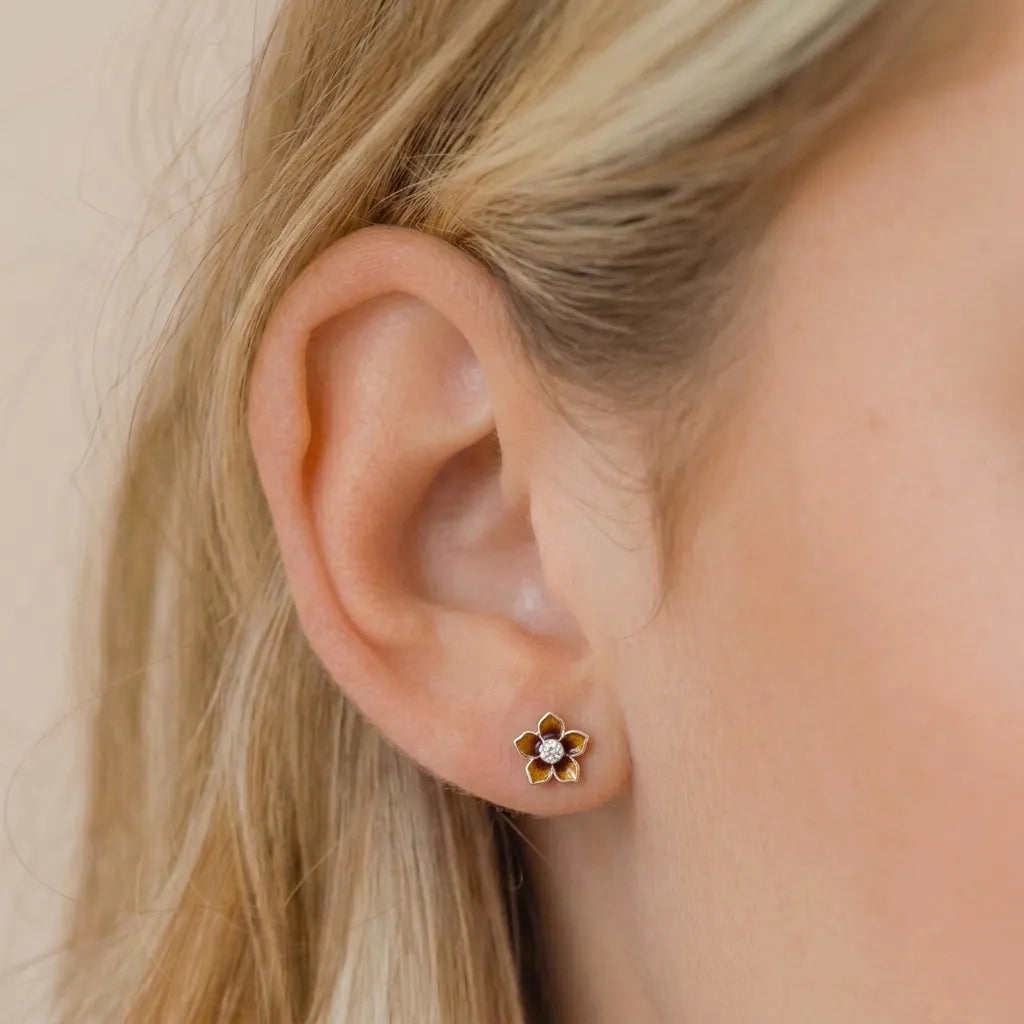 Marvel Silver amber floral crystal stud earrings featuring glossy enamel flower petals with a sparkling crystal centre for women and girls.