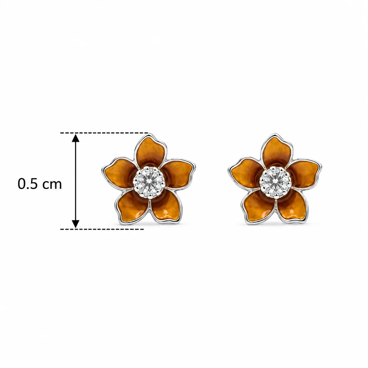 Marvel Silver amber floral crystal stud earrings featuring glossy enamel flower petals with a sparkling crystal centre for women and girls.