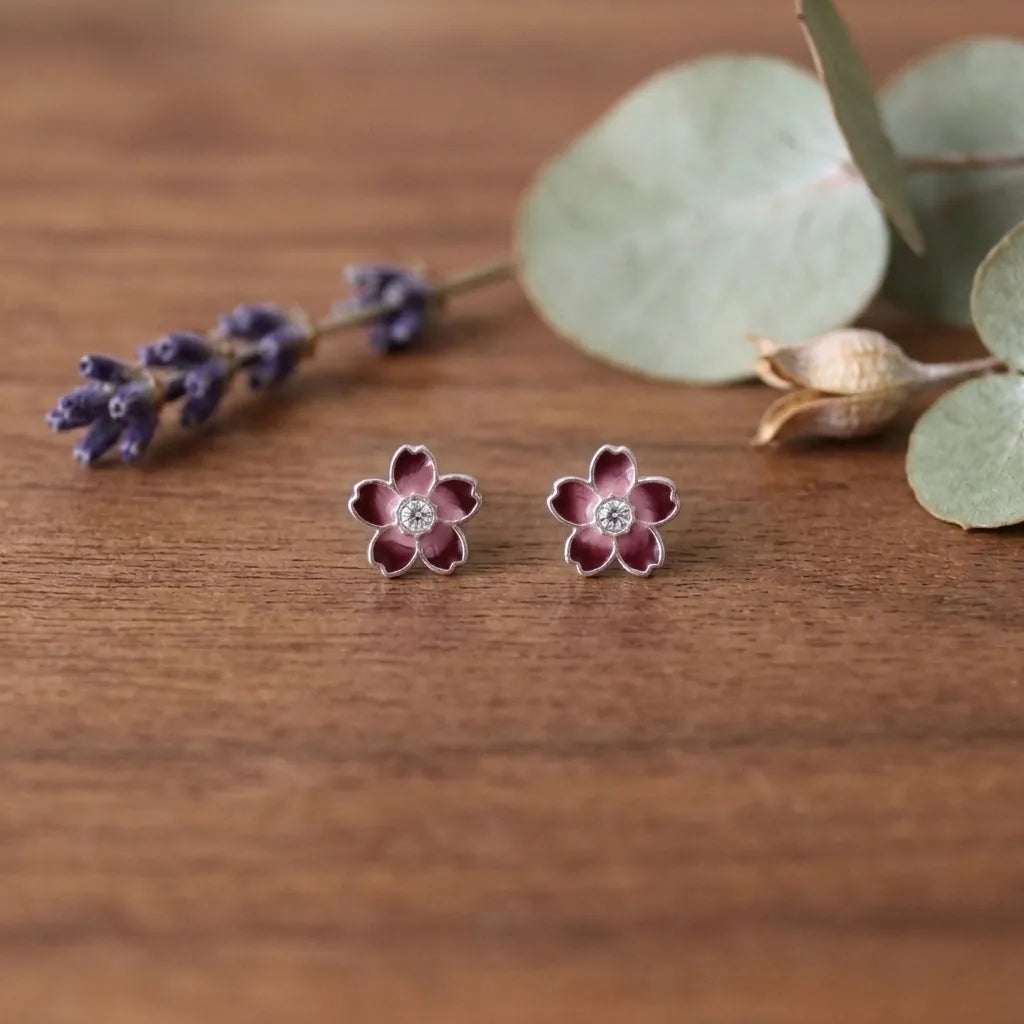 Marvel Silver amber floral crystal stud earrings featuring glossy enamel flower petals with a sparkling crystal centre for women and girls.