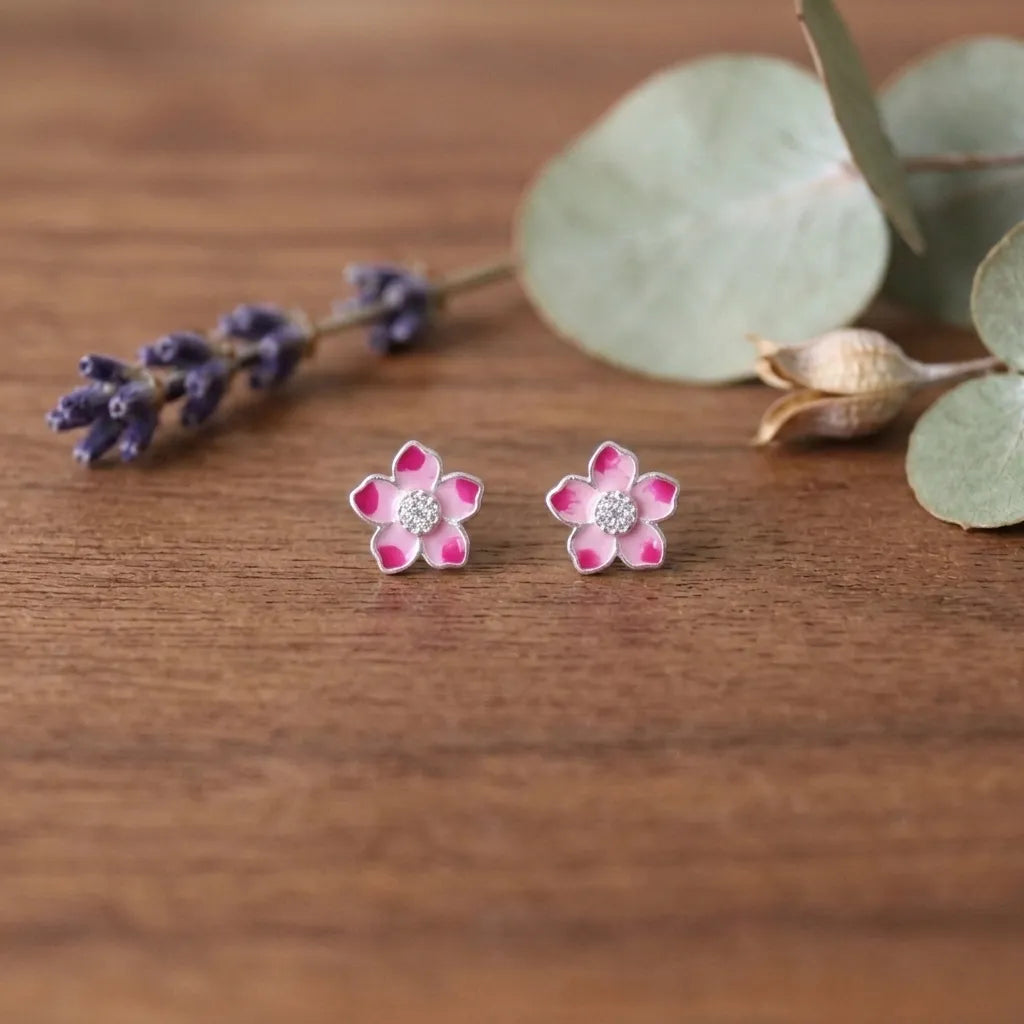 Marvel Silver amber floral crystal stud earrings featuring glossy enamel flower petals with a sparkling crystal centre for women and girls.