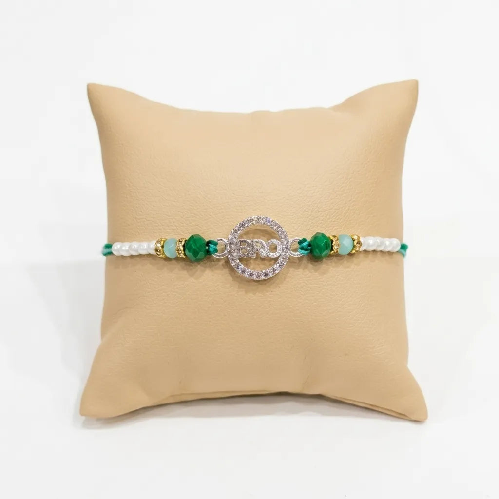 Marvel Silver BRO Silver Rakhi with Green Crystal Beads, White Pearl Beads and Sparkling BRO Charm for Raksha Bandhan