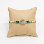 Marvel Silver BRO Silver Rakhi with Green Crystal Beads, White Pearl Beads and Sparkling BRO Charm for Raksha Bandhan