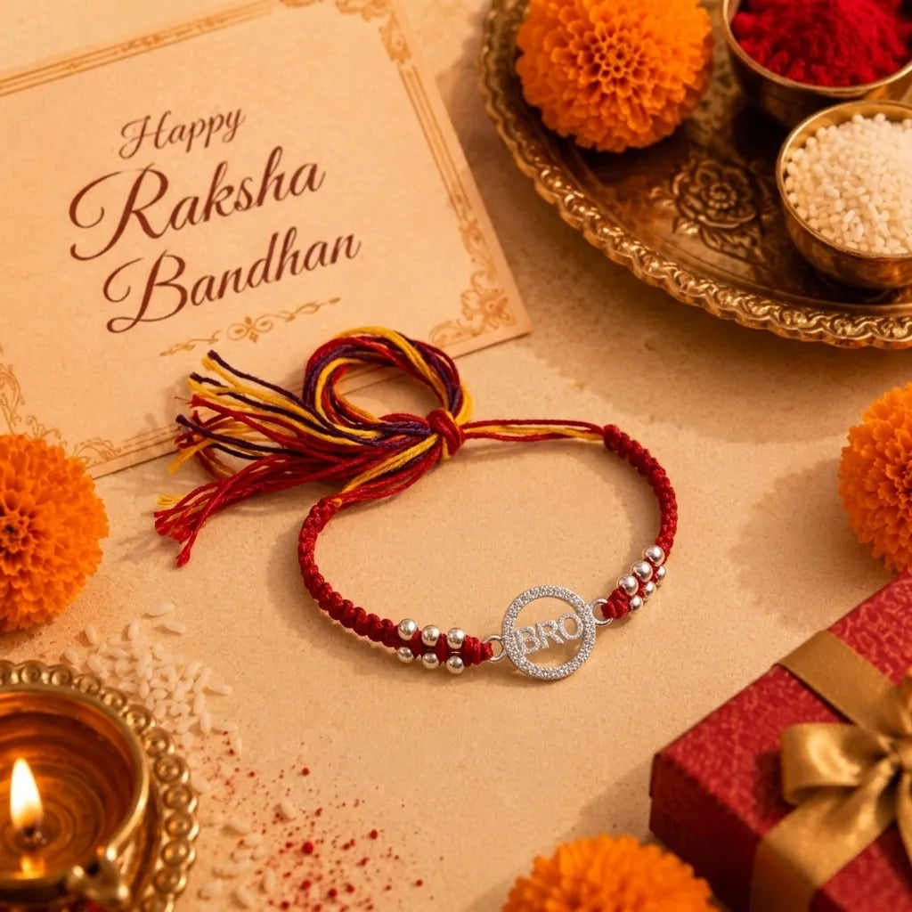 Marvel Silver BRO Silver Rakhi with Sparkling CZ Stone Charm, Silver Beads and Red Thread for Raksha Bandhan