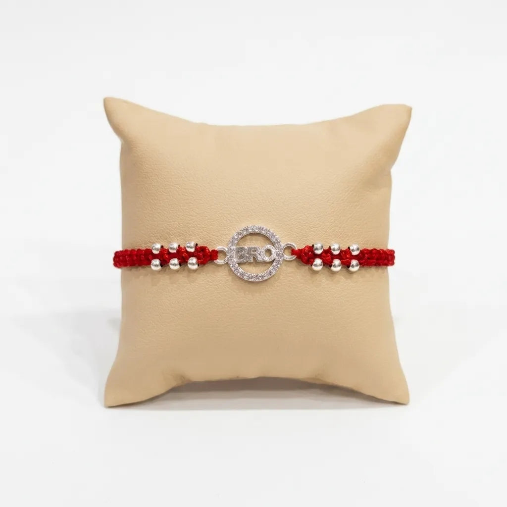 Marvel Silver BRO Silver Rakhi with Sparkling CZ Stone Charm, Silver Beads and Red Thread for Raksha Bandhan