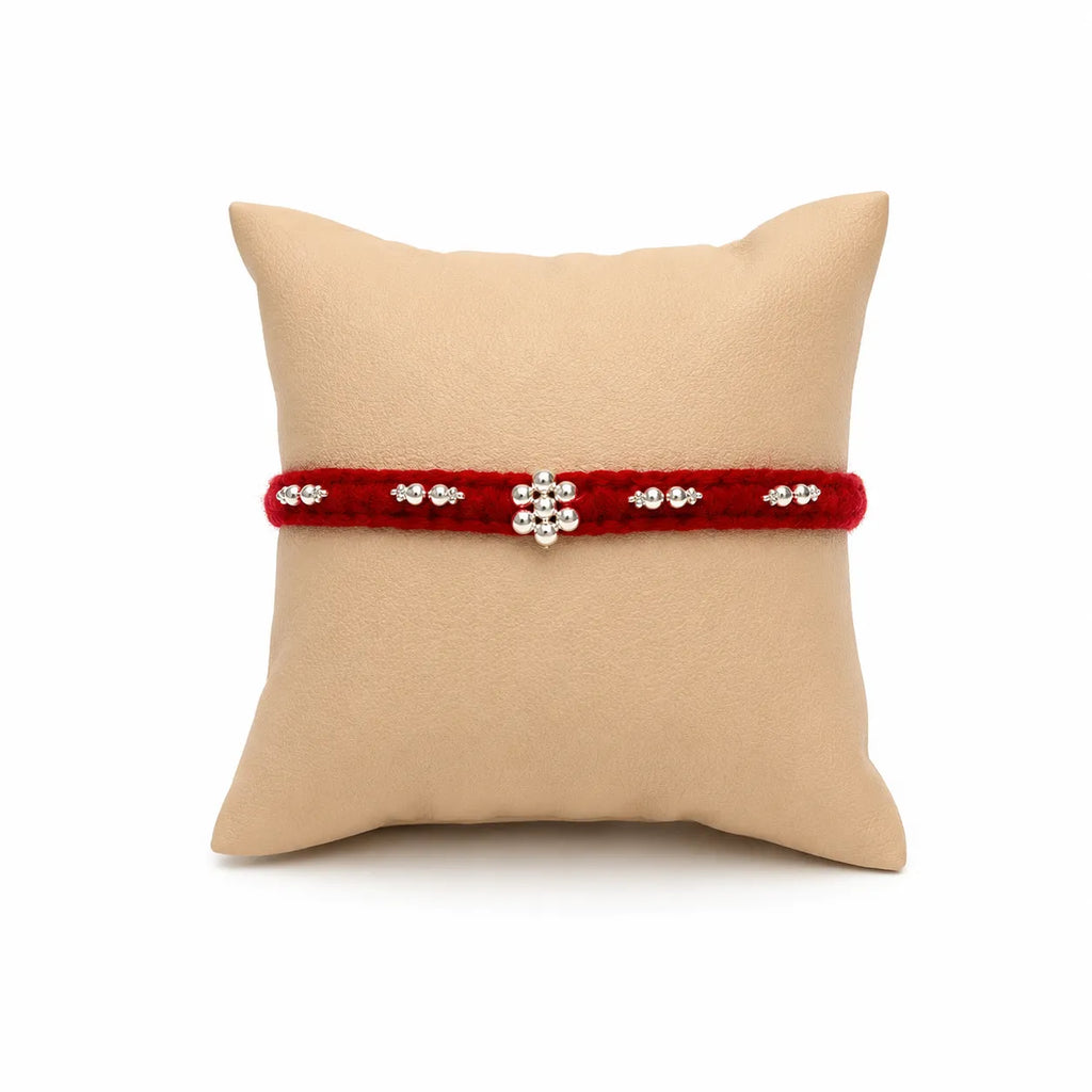 Silver Minimal Floral Red Thread Rakhi for Brother