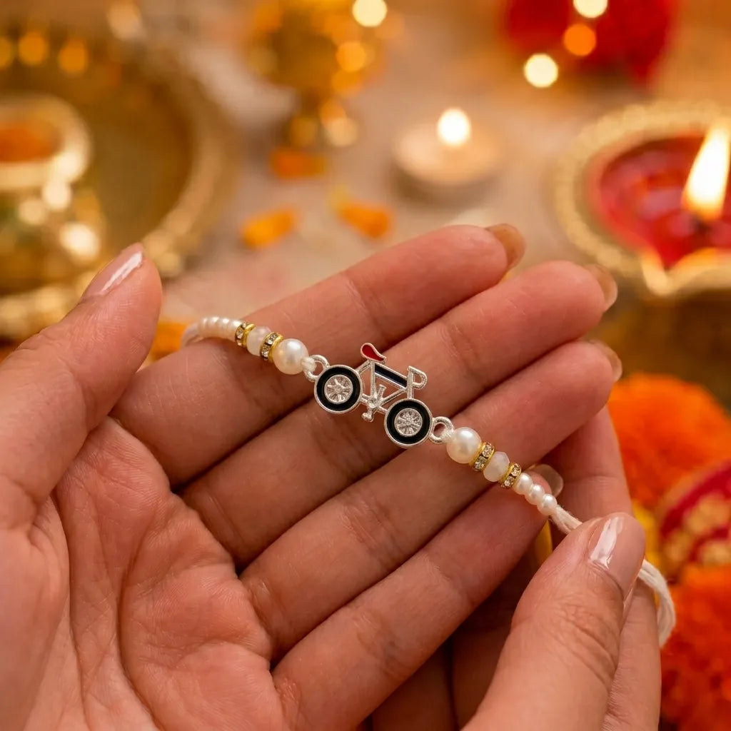 Marvel Silver Bicycle Silver Rakhi with White Crystal Beads, White Pearl Beads and Designer Bicycle Charm for Raksha Bandhan