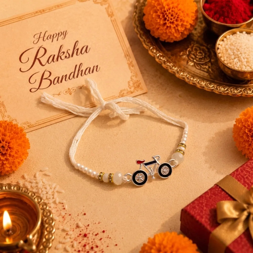 Marvel Silver Bicycle Silver Rakhi with White Crystal Beads, White Pearl Beads and Designer Bicycle Charm for Raksha Bandhan