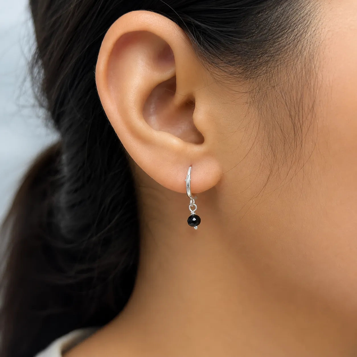 Marvel Silver black bead drop silver bali earrings with round hoop design