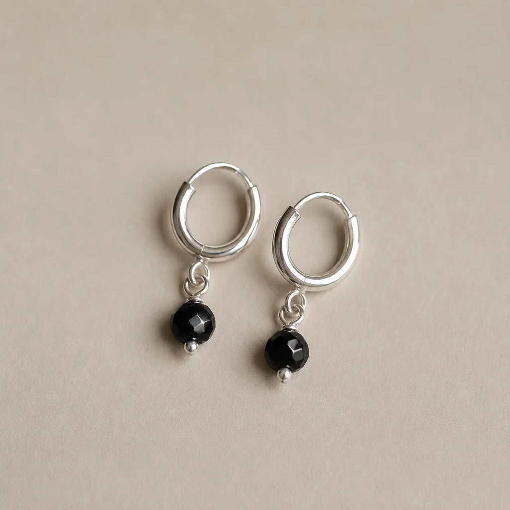 Marvel Silver black bead drop silver bali earrings with round hoop design