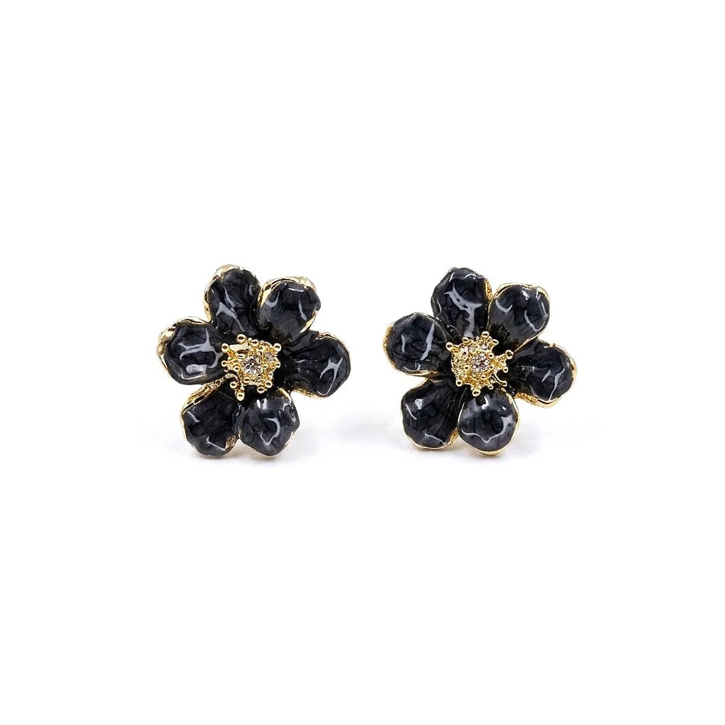 Marvel Silver Black Enamel Flower Stud Earrings with Crystal Center and Gold-Tone Finish for Women