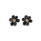 Marvel Silver Black Enamel Flower Stud Earrings with Crystal Center and Gold-Tone Finish for Women