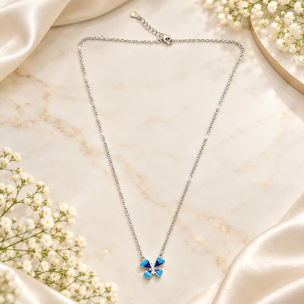 Marvel Silver Blue Aura Butterfly Silver Chain Pendant with Aqua Blue Wings and Sparkling Centre for Girls and Women